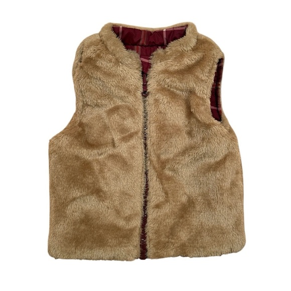 NWT Wonder Nation Reversible Maroon Tan Plaid Faux Fur Puffer Vest - Size 6-9M - Picture 2 of 10